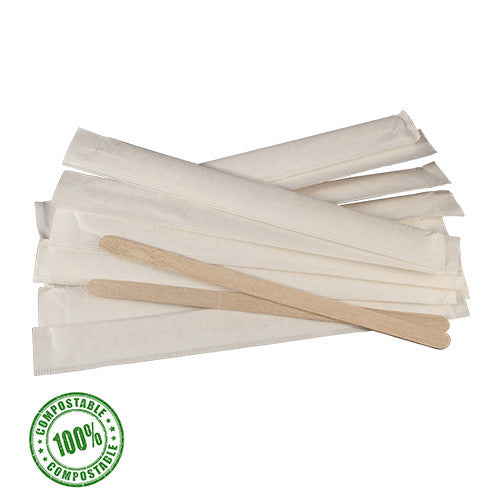 Agitadores de café de madera envueltos individualmente 11cm - 100 piezas